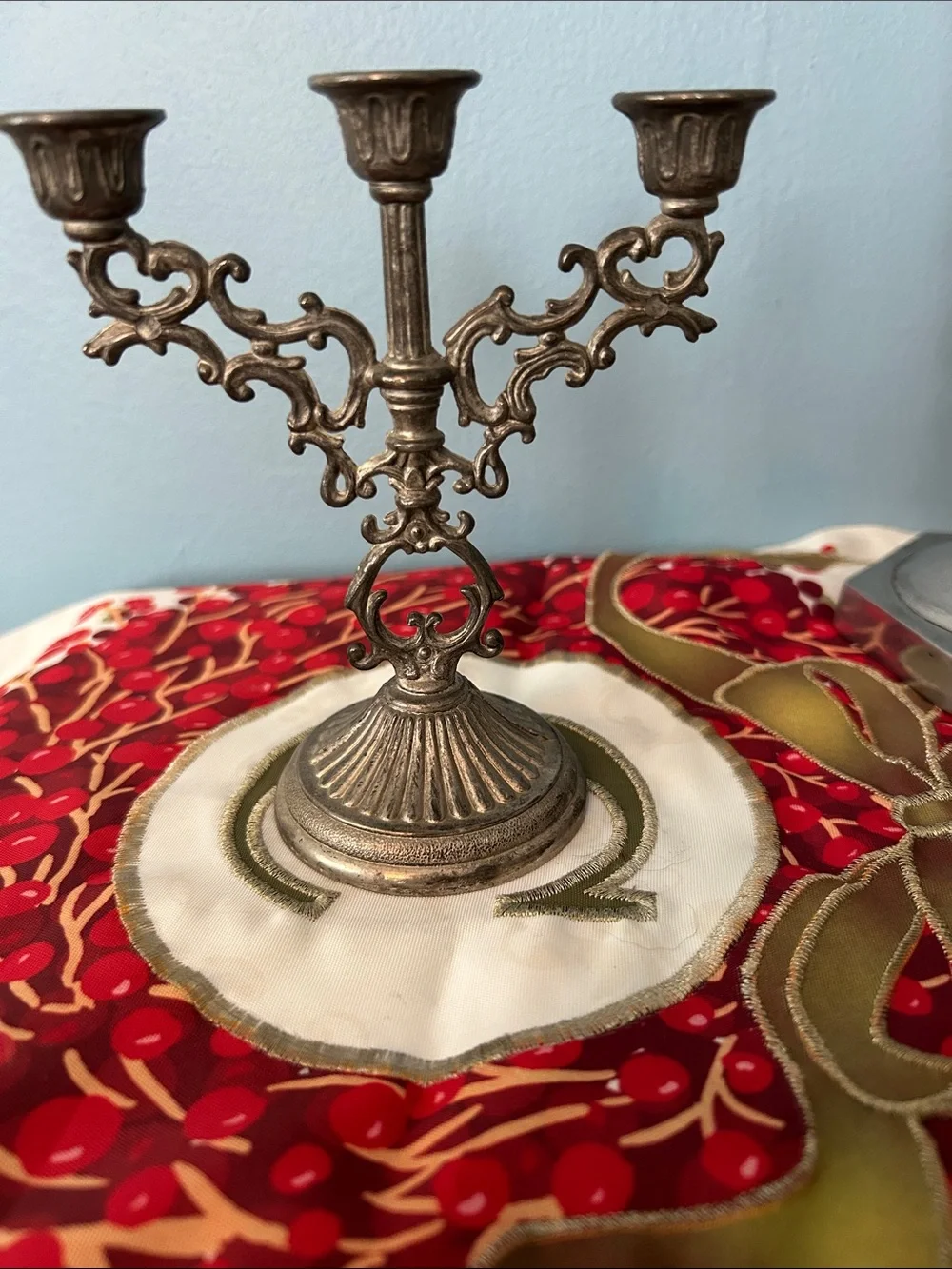 Small Antique-Style Three-Arm Metal Candelabra - Silver Finish EUC